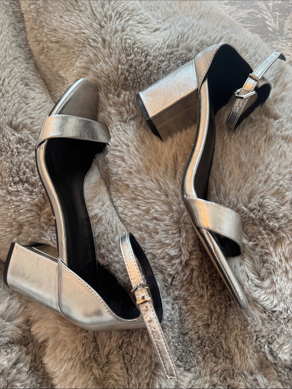 Metallic Silver Block Heel Sandals with Ankle Strap